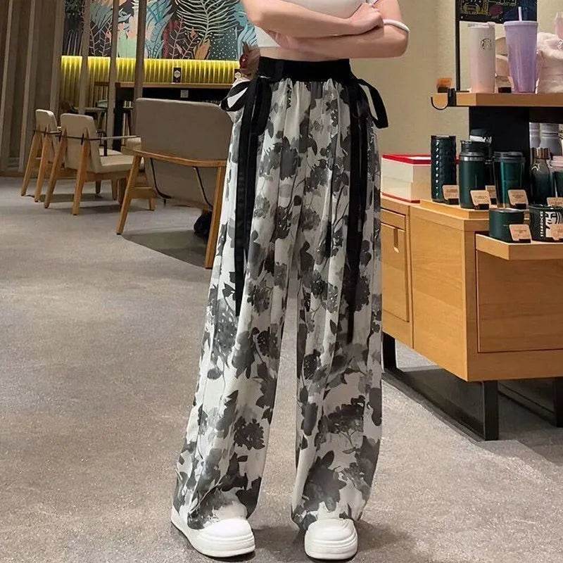 New Painting Ice Silk Wide-leg Baggy Trouser Pants Summer Women - Velora