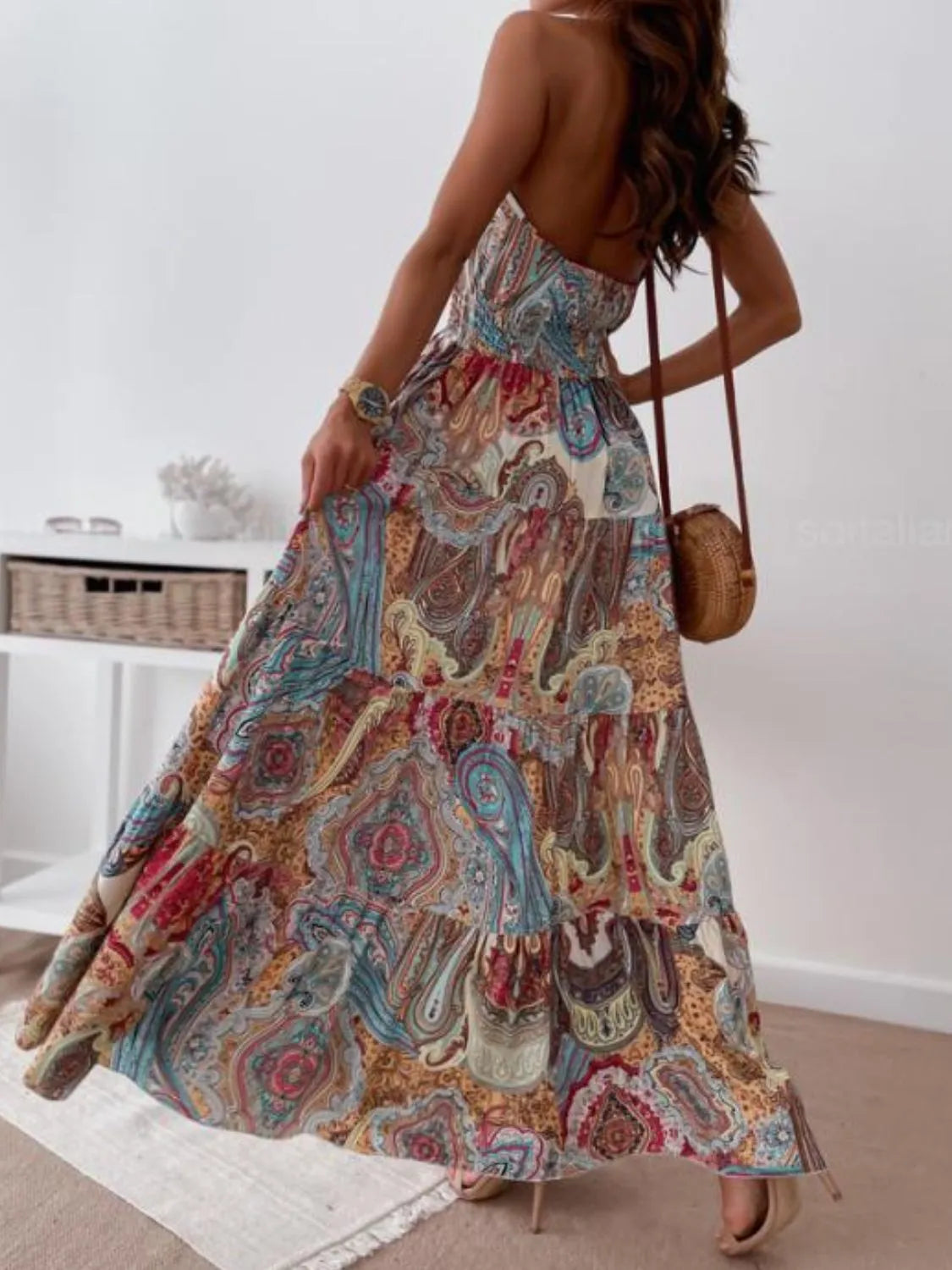 Printed Halter Neck Maxi Dress - Velora
