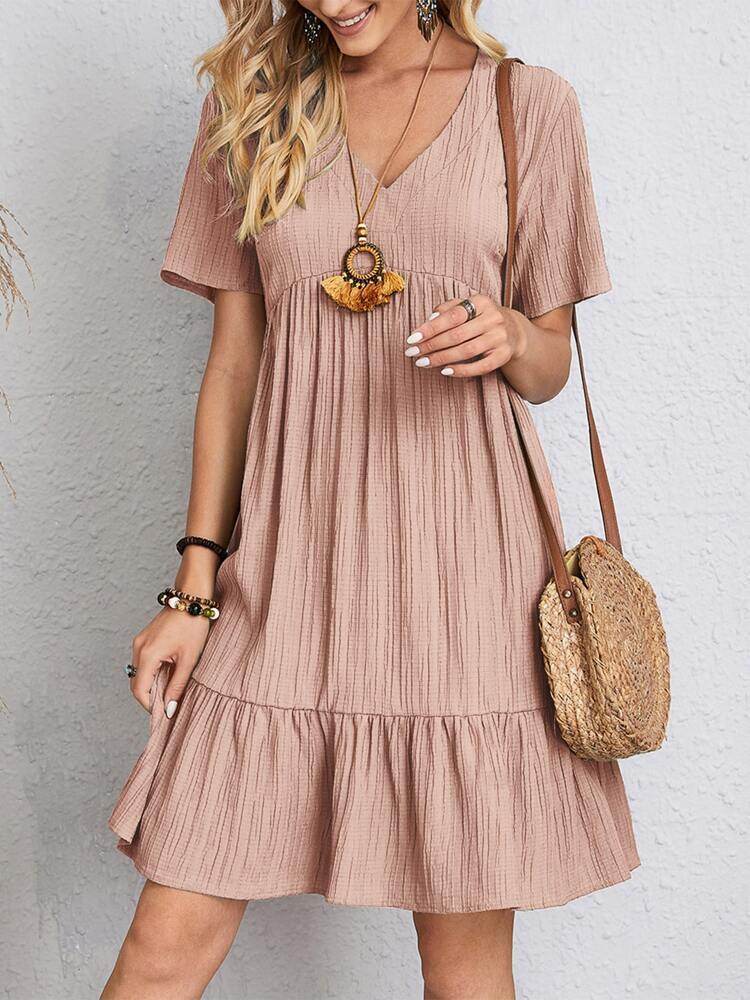 V-neck Short Sleeve Dress Summer Fashion Casual Loose Ruffled Dresses Beach Clothing Women - Velora
