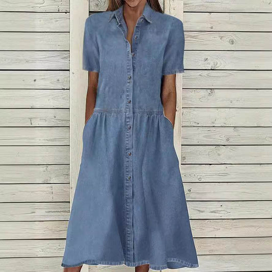 Women's European And American Lapel Casual loose button down Midi Denim jeans Mum Dress - Velora