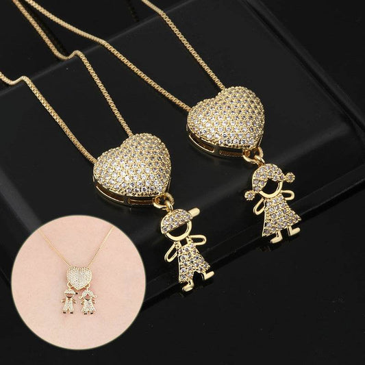 Fashion Jewelry Son Daughter Heart Gold Color Cubic Zirconia Family Girl Boy Pendant Necklace Chain Jewelry For Mother Gift - Velora