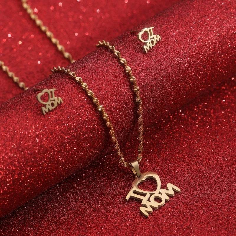 Mother's Day Jewelry Set Stainless Steel I Love Mom Mama Love Heart Pendant Necklace Earrings Thanksgiving Gift - Velora