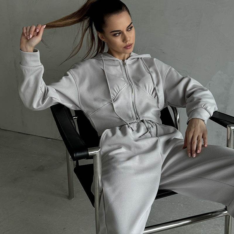 Long Sleeve Zipper Hooded Sweater Solid Color Laced Pants Two-piece Set - Velora