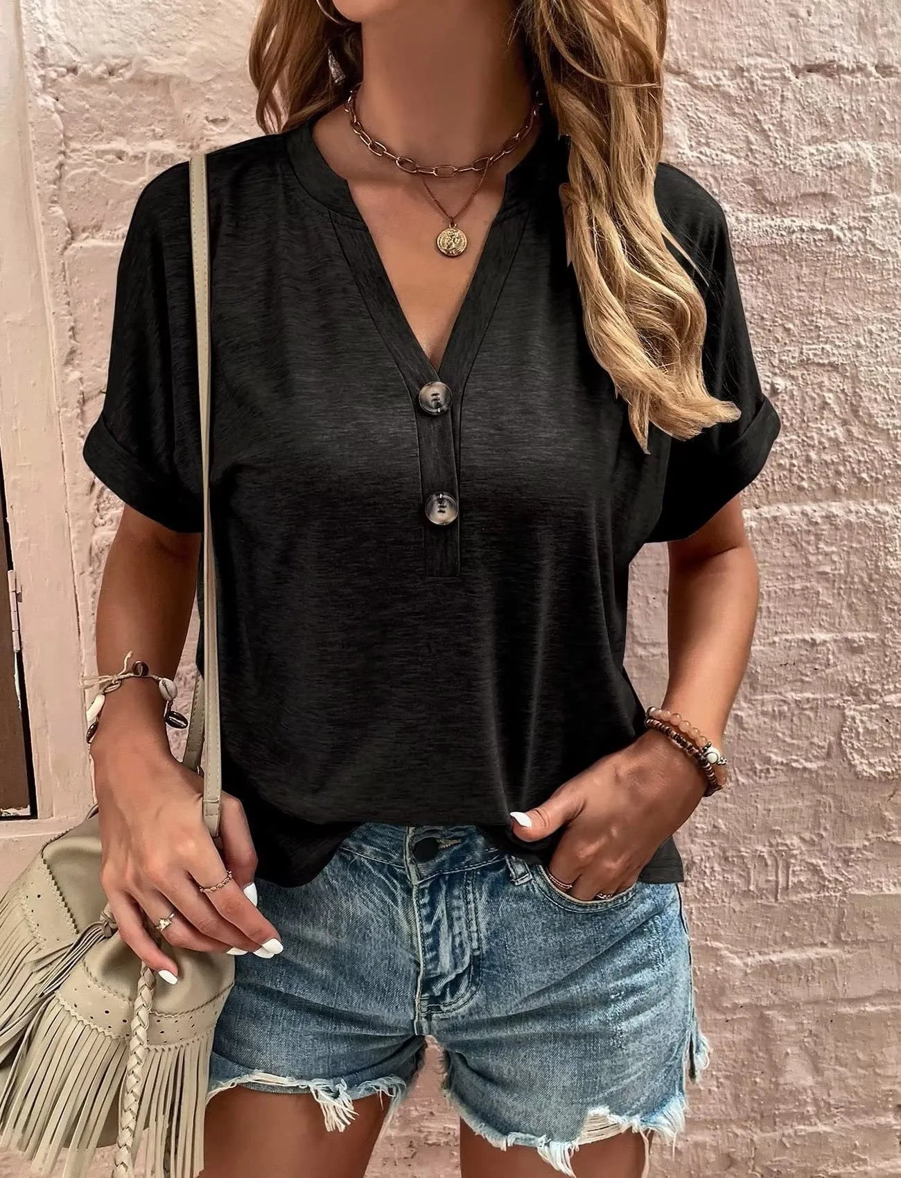 Full Size Casual Notched Short Sleeve Blouse Plus Size - Velora