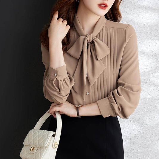 Women neck tie Chiffon Long Sleeve Shirt For work - Velora