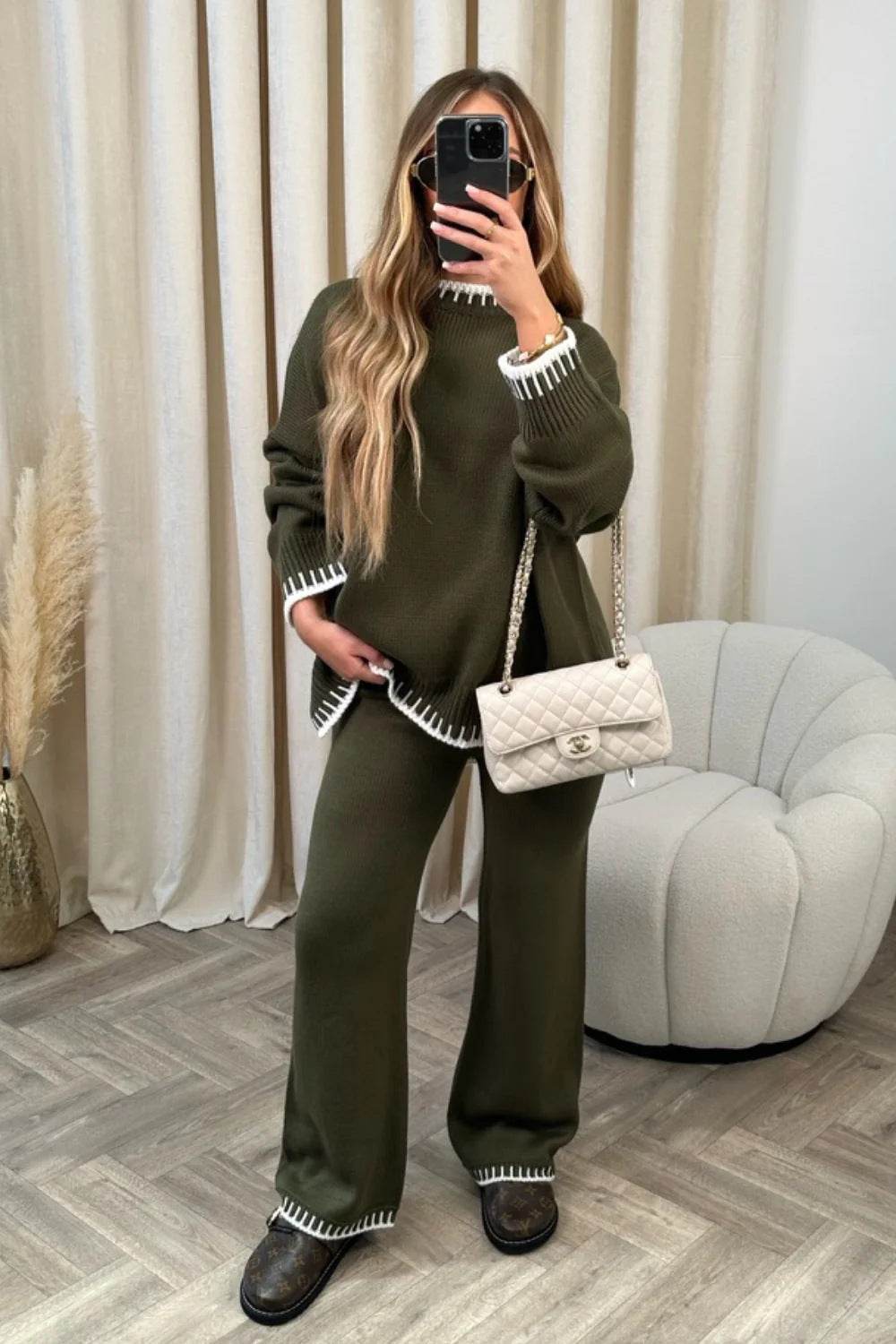 Women's Suit Fashion Pullover Split Long-sleeved Top And Loose Straight Pants Solid Color Two-piece Set - Velora