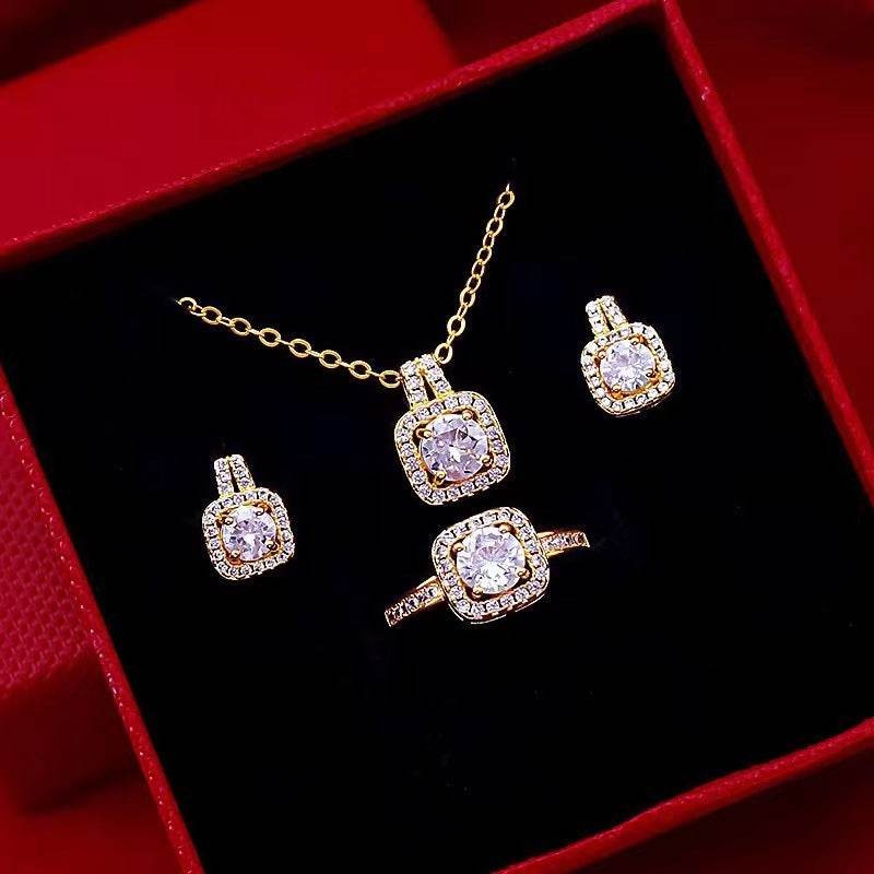 Fashion Jewelry Set Zircon Gem Pendant Chain Choker Necklace For Women Gold Color Stud Earring Statement Wedding Ring - Velora