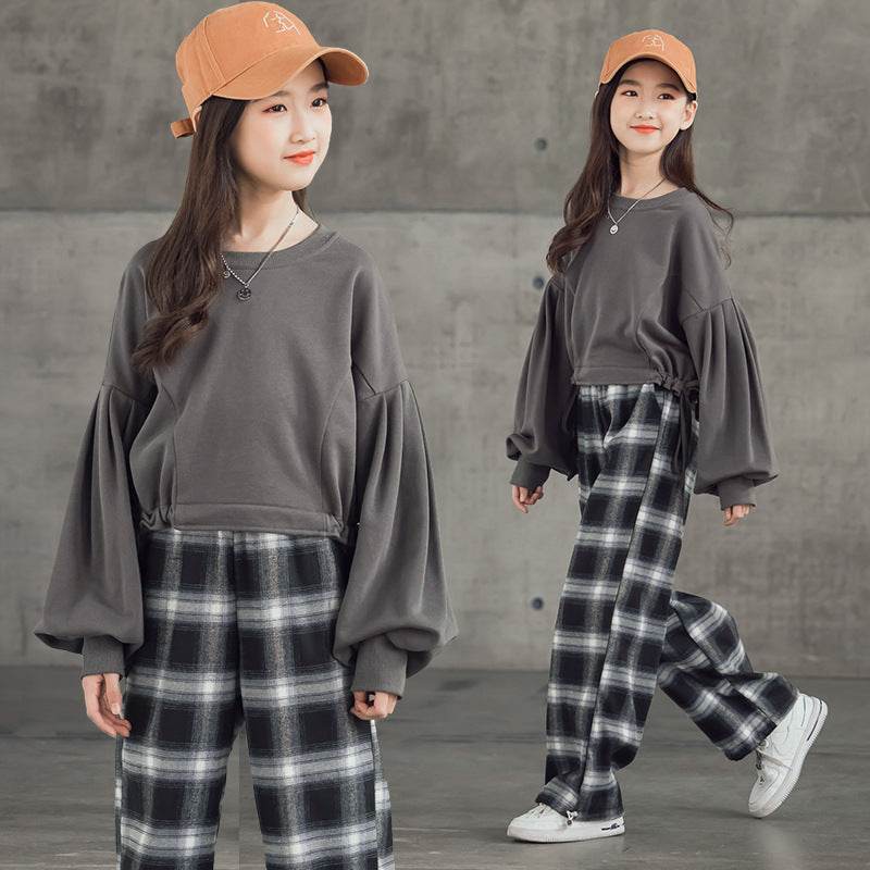 Girls' Suits Western Style Korean Children's Clothing Trendy Plaid Trousers Big Kids - Velora