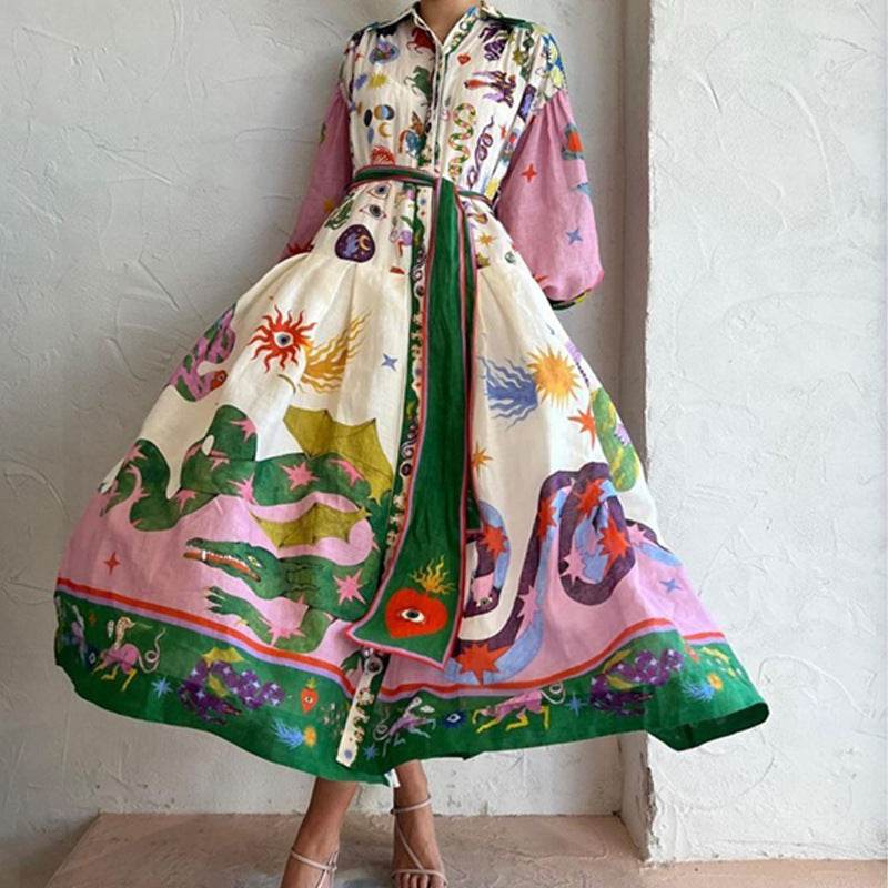 Print Holiday Women Beach Dress With Belts A-Line Long Lantern Sleeve Single Breasted Lapel Seaside Dresses Robe - Velora