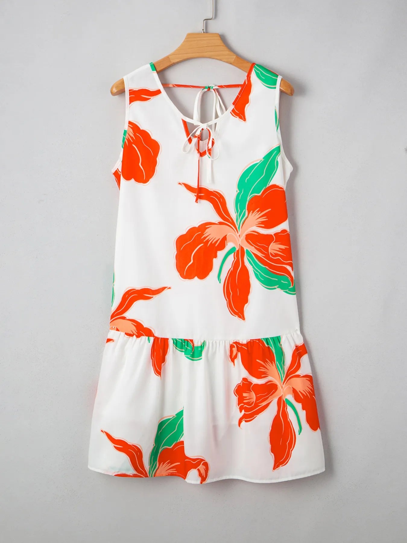 Floral Tie Neck Sleeveless Ruffled Sundress - Velora