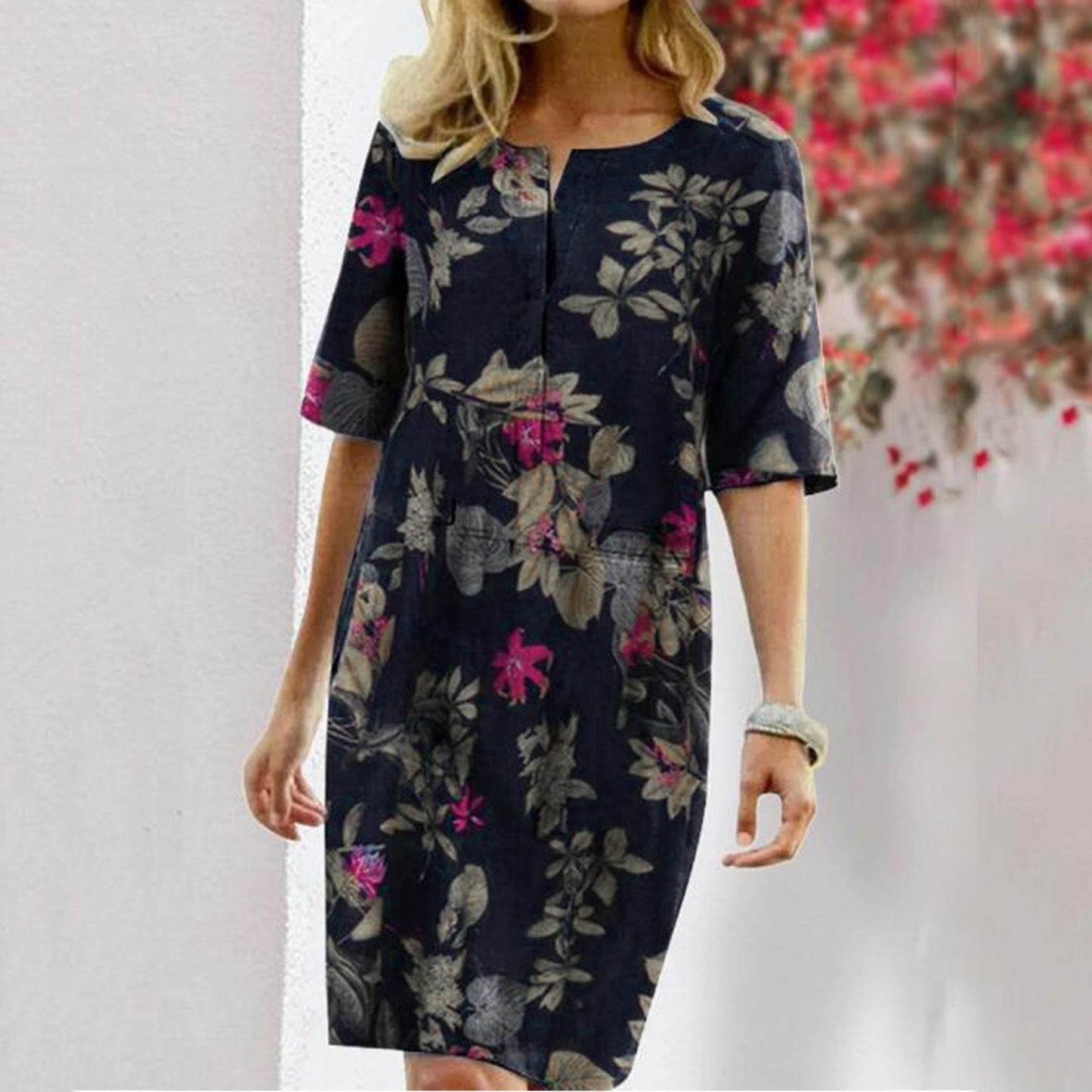 Vintage Dress Women Summer Floral Leaf Print Slit Round Neck Half Sleeve Dresses - Velora