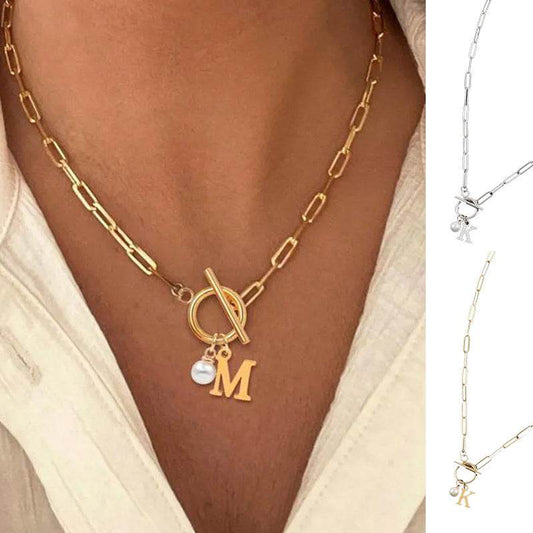 European And American 26 English Letter Necklace Stainless Steel Clip Chain Imitation Pearl Pendant For Women And Men - Velora