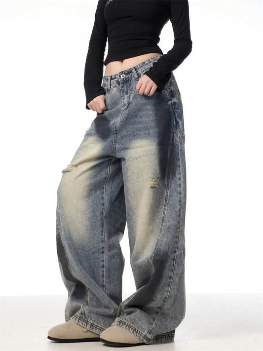Splash Ink Ripped Machete Baggy Jeans Pant For Women Loose-fitting Wide-leg Trousers