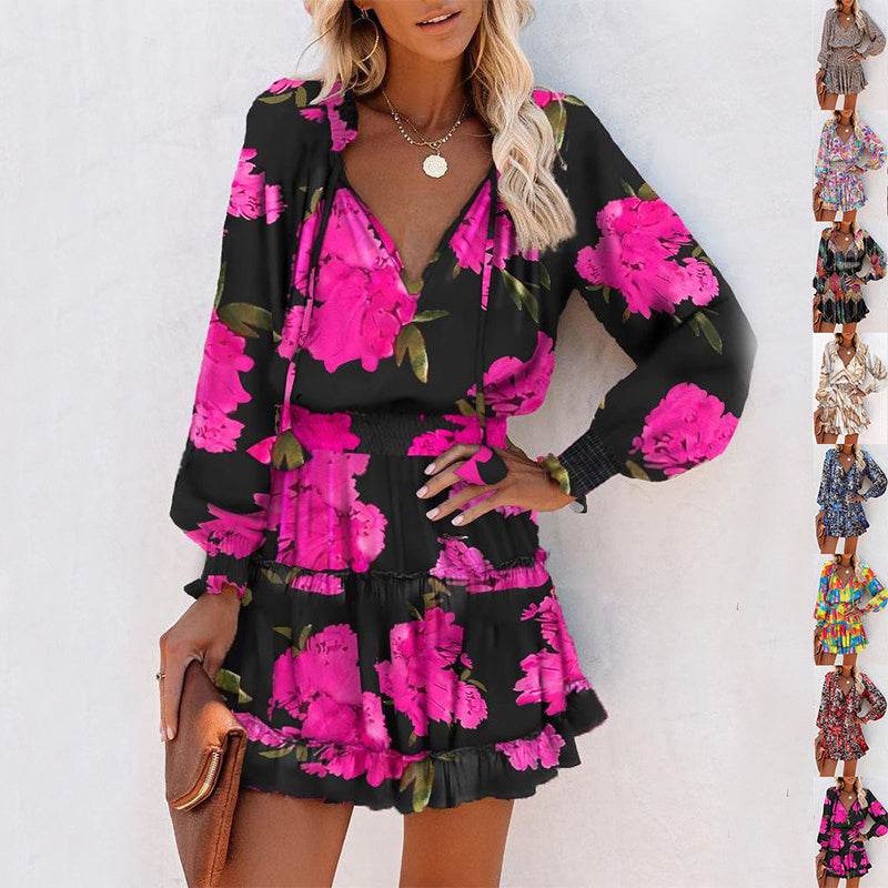 Flowers Print Long Sleeve Dress Fashion Patchwork Puff Sleeve Waist Dresses Womens Clothing - Velora