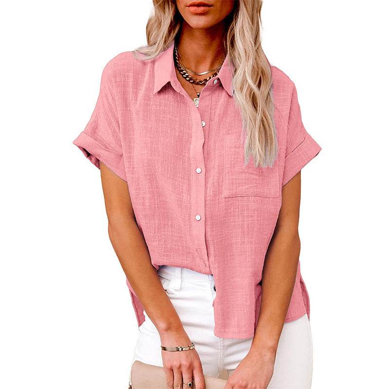 Summer Lapel Short Sleeve Shirt With Pockets Fashion Casual Solid Color Button Tops Women's Clothing - Velora