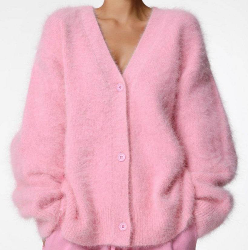 Loose V-neck Button Cardigan Fall Winter Fashion Single Breasted Knitted Sweater Top Women's Clothing - Velora