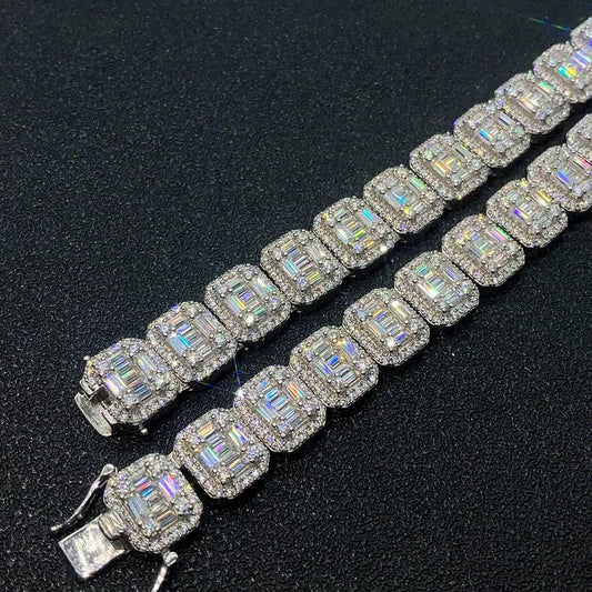 S925 Silver Inlay Rectangular Moissanite Diamond Cuban Link Chain