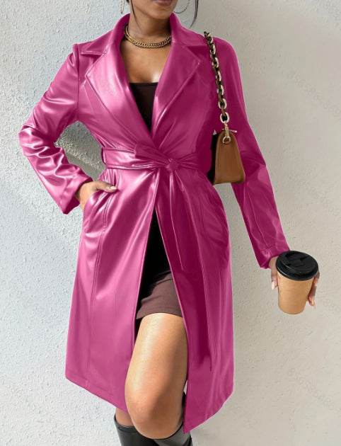 Long Sleeve Lapel PU Leather Jacket With Pockets Slim Fit Long Trench Coat Women's Clothing - Velora