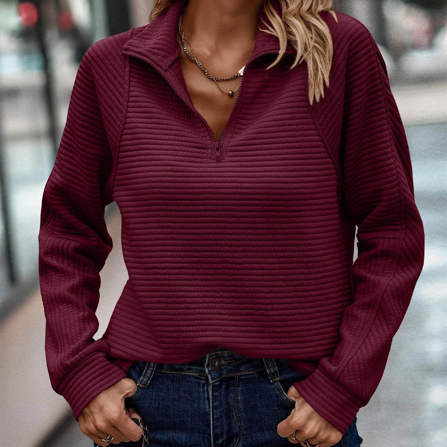 Autumn Comfortable Loose Snake Bone Pattern Solid Color Stand Collar Women's Sweater - Velora