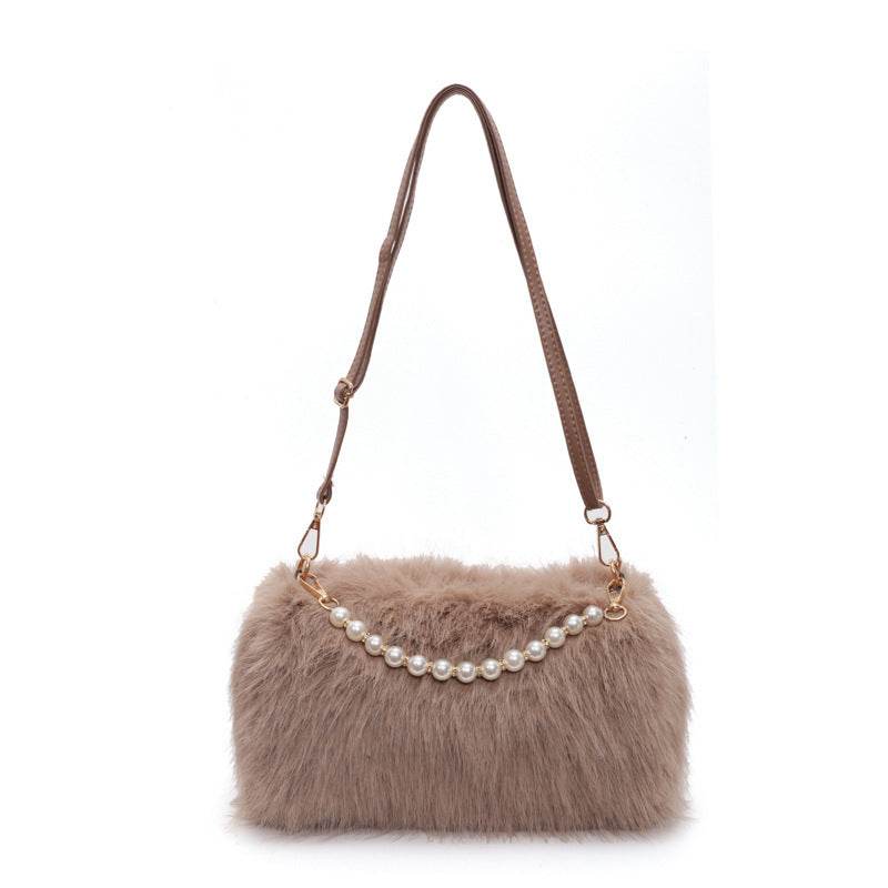 Autumn And Winter Fashion Shoulder Bags Pearl Chain Crossbody Bag Versatile Commuting Armpit Plush Female Bag - Velora