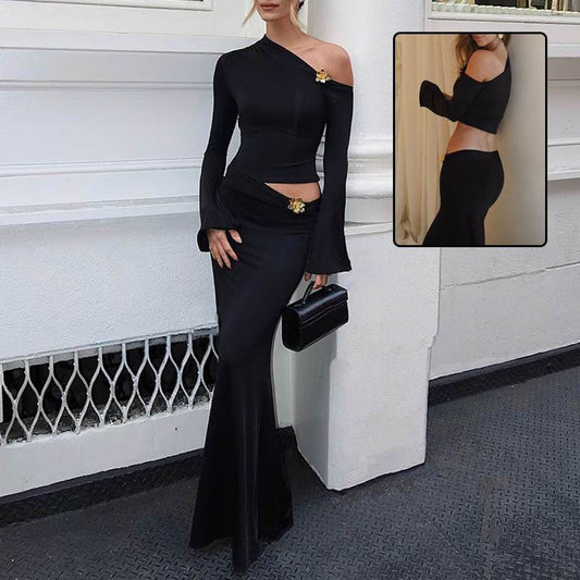 Sexy Slim Oblique Shoulder Skirt Suit With Flower Fashion Bell Sleeve Long Sleeve Top And High Waist Long Skirt Women Clothing - Velora