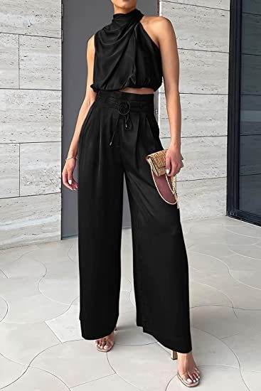 Summer Suits Casual Sleeveless Midriff-baring Top And Wide Leg Pants 2pcs Set Womens Clothing - Velora