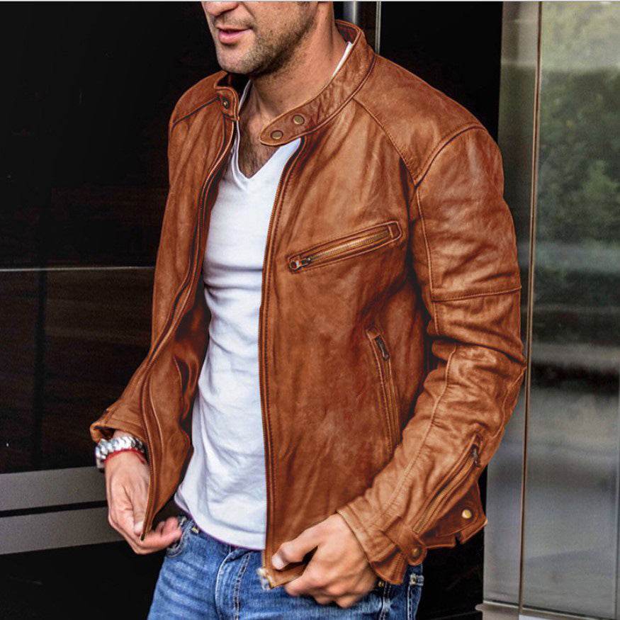 Fall Winter Men PU Leather Stand Collar Punk - Velora