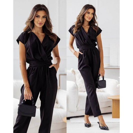 Fashion Solid Color Slimming Short-sleeved Jumpsuit Summer Lace-up Trousers Womens Clothing - Velora