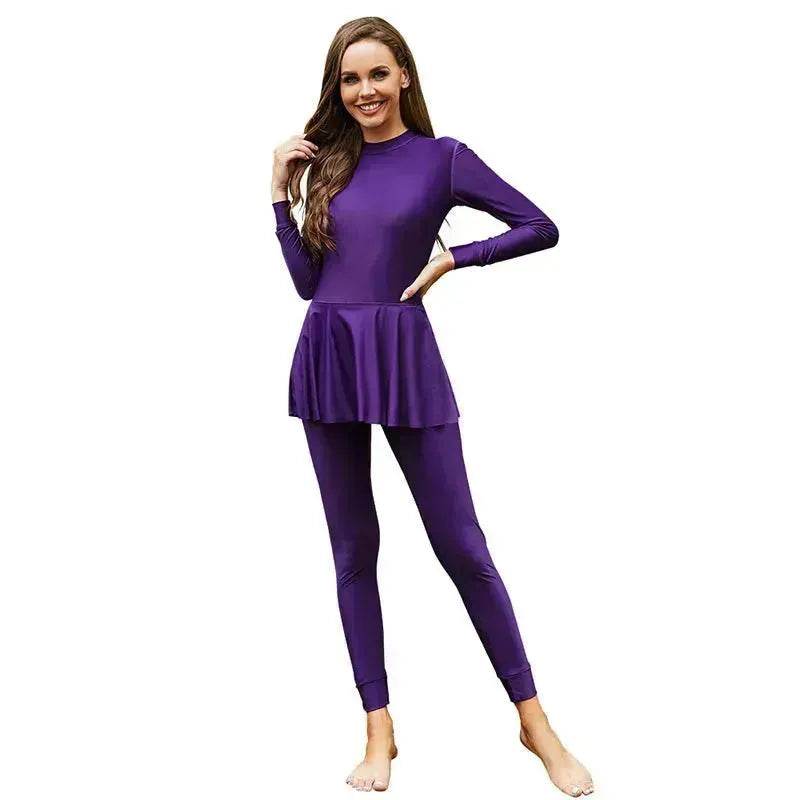 Pure Color Long-sleeved Trousers Fully Surrounded By Conservative Beach Surfing Sunscreen ArabOne-piece Swimsuit - Velora