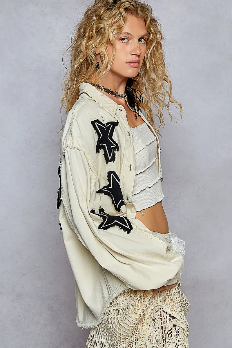 POL Star Patch Raw Hem Button Up Denim Jacket - Velora