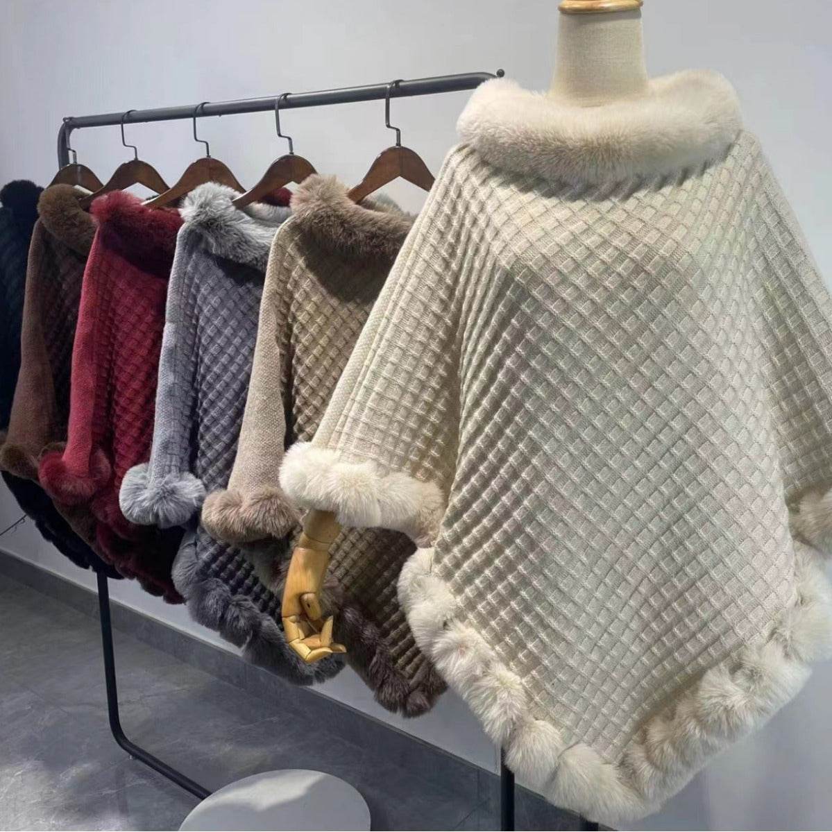 Rex Rabbit Fur Collar Shawl Cape Luxury Fur Cape Wraps Shawl Autumn Winter Fashion Graceful Cloak Outerwear Women Party Wedding Dress - Velora