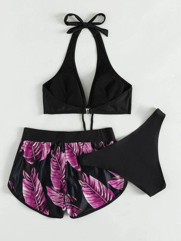 3pcs Leaf Print Bikini With Shorts Fashion Summer Beach Swimsuit Womens Clothing - Velora