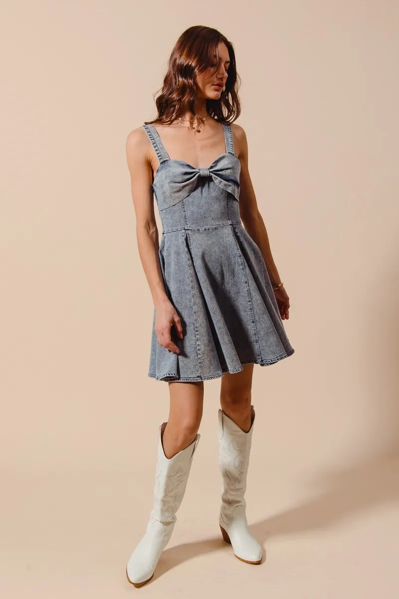 SO ME Mineral Washed Bow Ribbon Denim Flare Dress - Velora