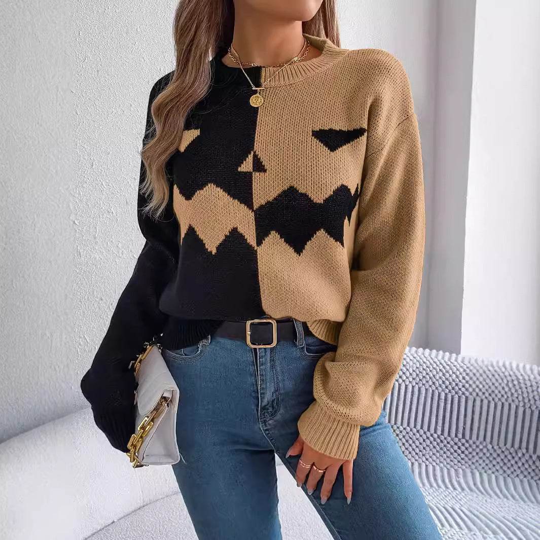Halloween Contrast-color Pullover Sweater Fashion Long Sleeve Knitted Tops For Womens Clothing - Velora