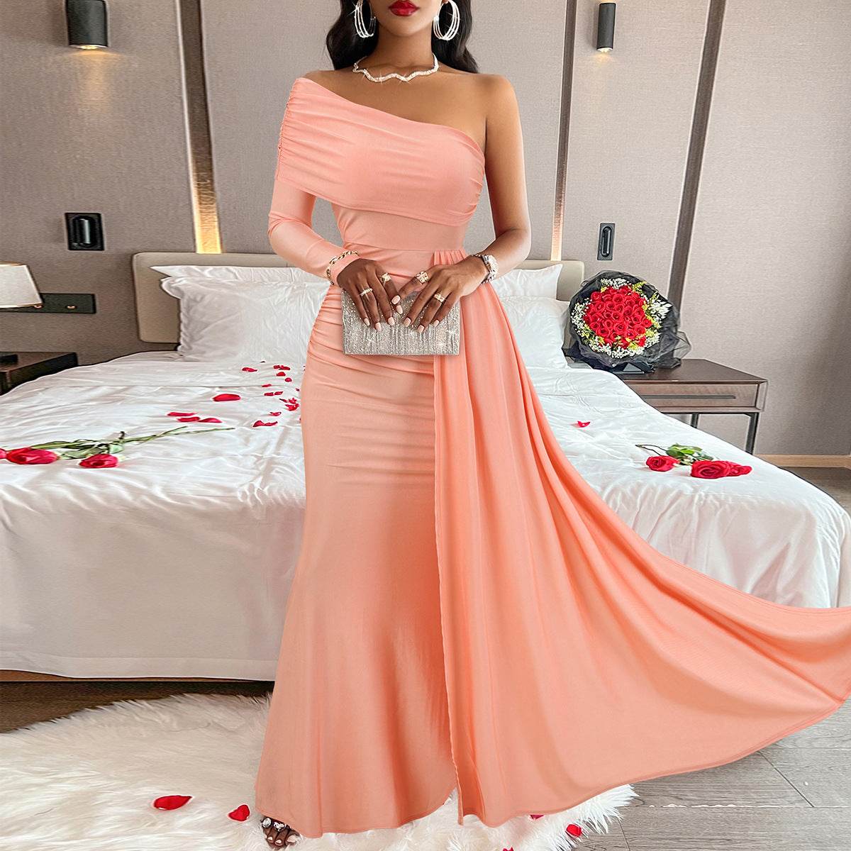 European And American Sloping Shoulder Dress - Velora
