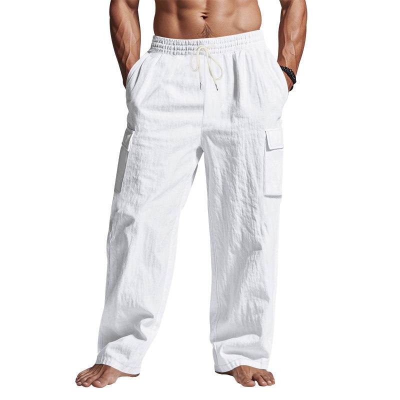 Men's Workwear Multi-pocket Straight Linen Pants Linen Four Seasons Thin Breathable Cargo Pants, Multi-pocket Loose Casual Trendy Wide-leg Pants - Velora