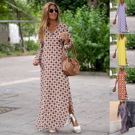 Summer Geometric Printed V-neck Long Dress Fashion Long Sleeve Slit Dresses For Women - Velora