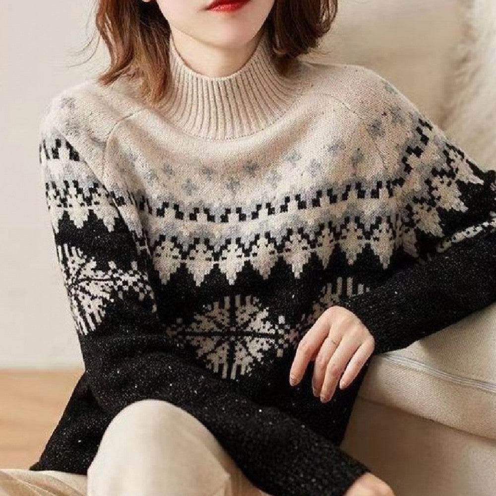 Autumn And Winter Spring New Half Turtleneck Knitted Snowflake Retro Loose Sweater - Velora