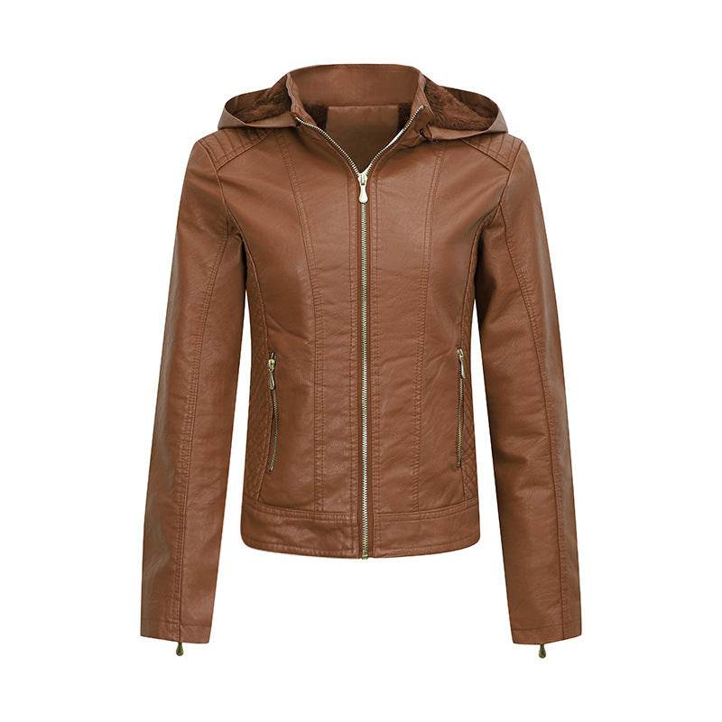 Plush Thickened Hooded Coat Winter Fashion Slim Zipper Leather Jacket With Pockets Long Sleeve Outwear Tops For Womens Clothing - Velora