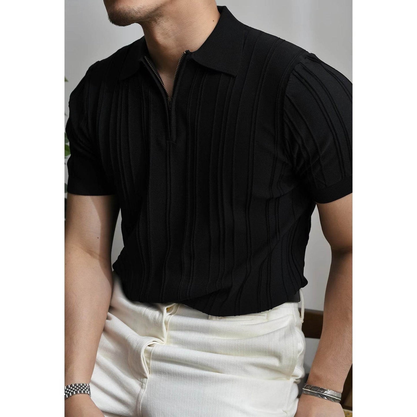 Zipper Knitted Short-sleeved Polo Shirt Men's Loose Lapels T-shirt - Velora