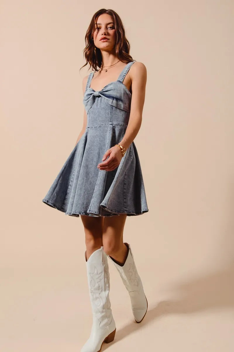 SO ME Mineral Washed Bow Ribbon Denim Flare Dress - Velora