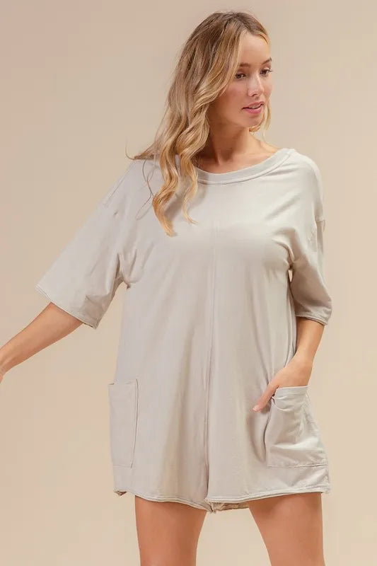BiBi Short Sleeve Back Open Washed Romper - Velora