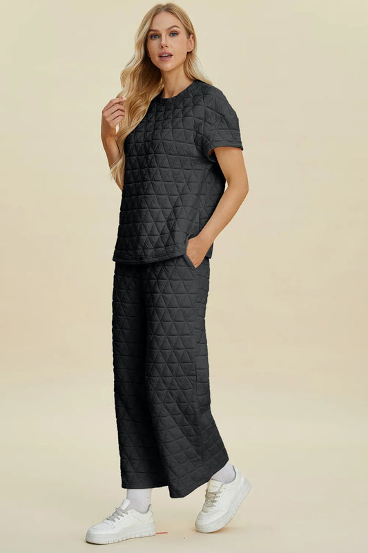 Double Take Full Size Texture Round Neck Short Sleeve Top and Pants Set - Velora