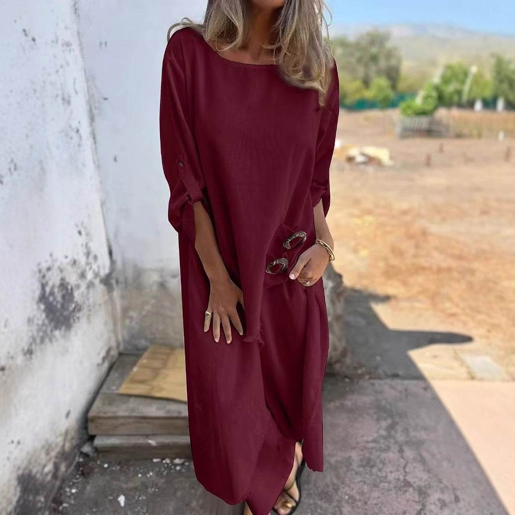 Loose Irregular Long Suit With Metal Button Design Round Neck Long-sleeved Top And Straight Trousers Fashion Wide-leg Pants Women's Clothing - Velora