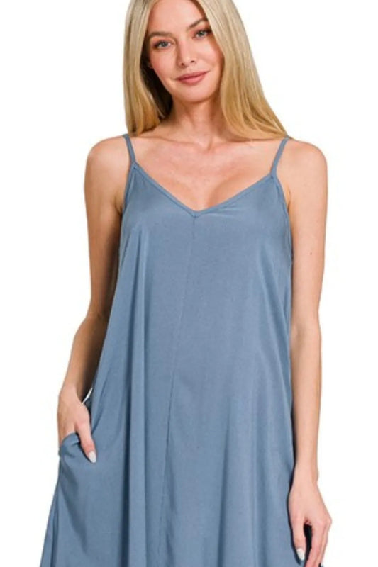 Zenana Woven Arc Hem Cami Dress With Flowy Pockets - Velora