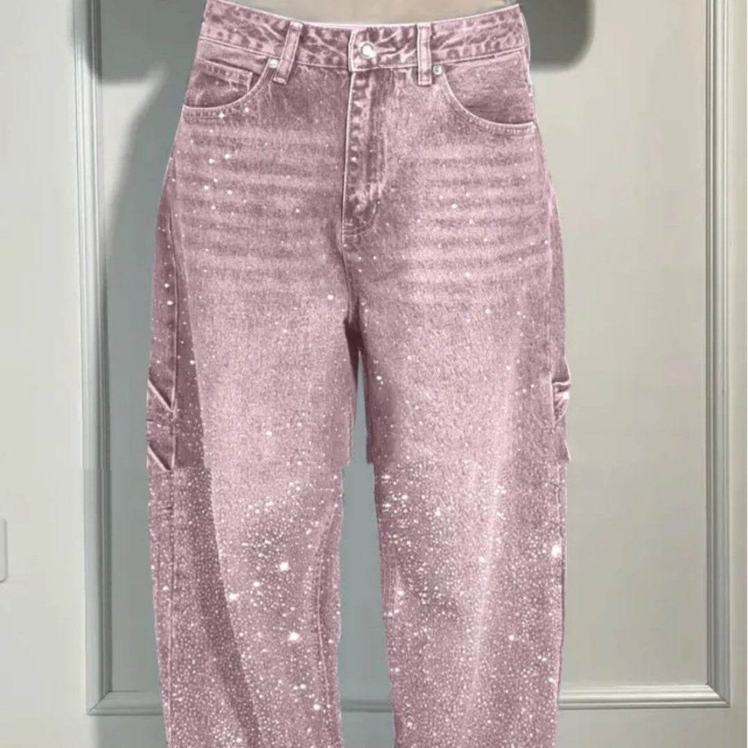 Ins Shiny Straight Jeans With Pockets Fashion Loose Wide-leg Pants For Women Street-style Trousers - Velora