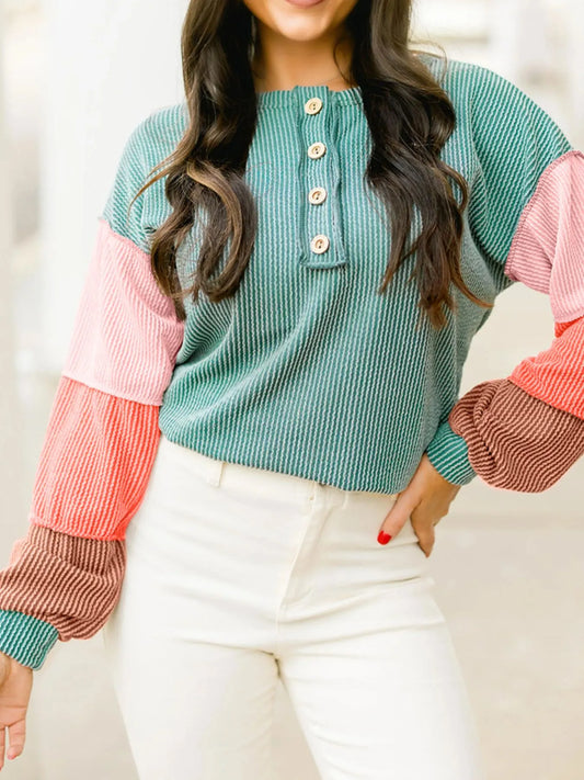 Color Block Ribbed Knit Henley Sweatshirt - Velora