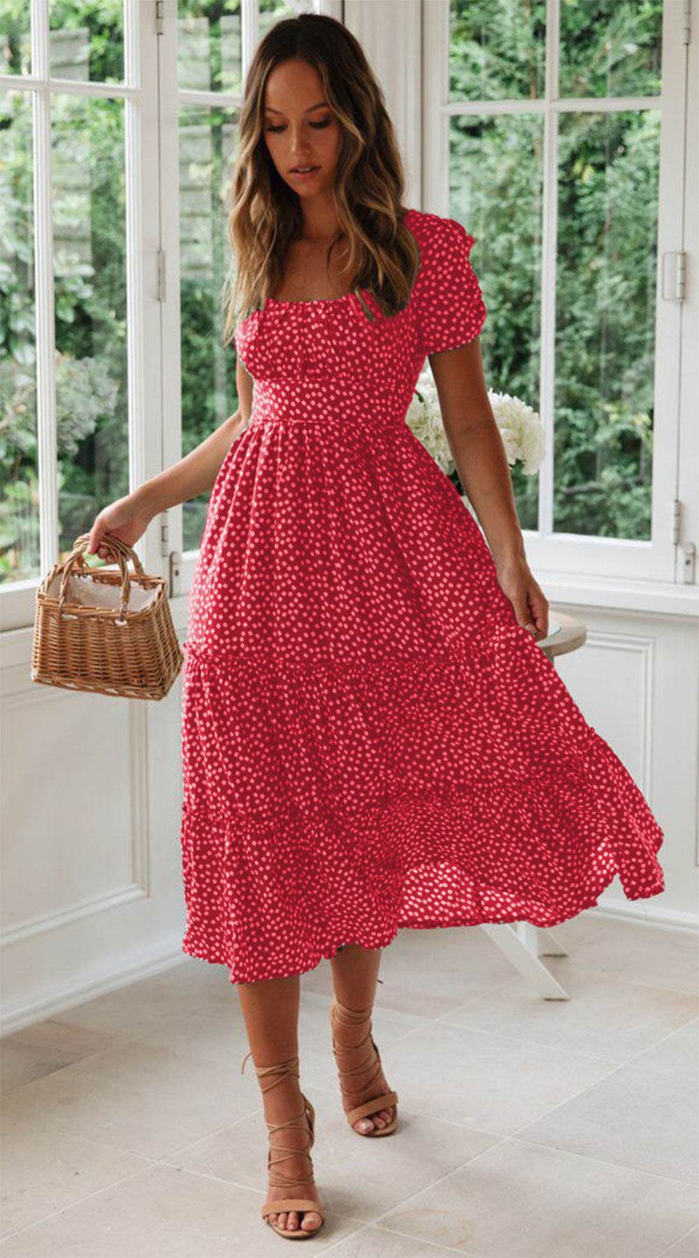 Square Collar Short Sleeve Dress Summer Puff Floral Printed Dress Long Dresses - Velora