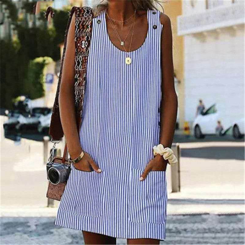 Summer Fashion Striped Patchwork Commuting U-Neck Sleeveless Pockets Back Button Casual Straight Slimming Mini Dress For Women - Velora