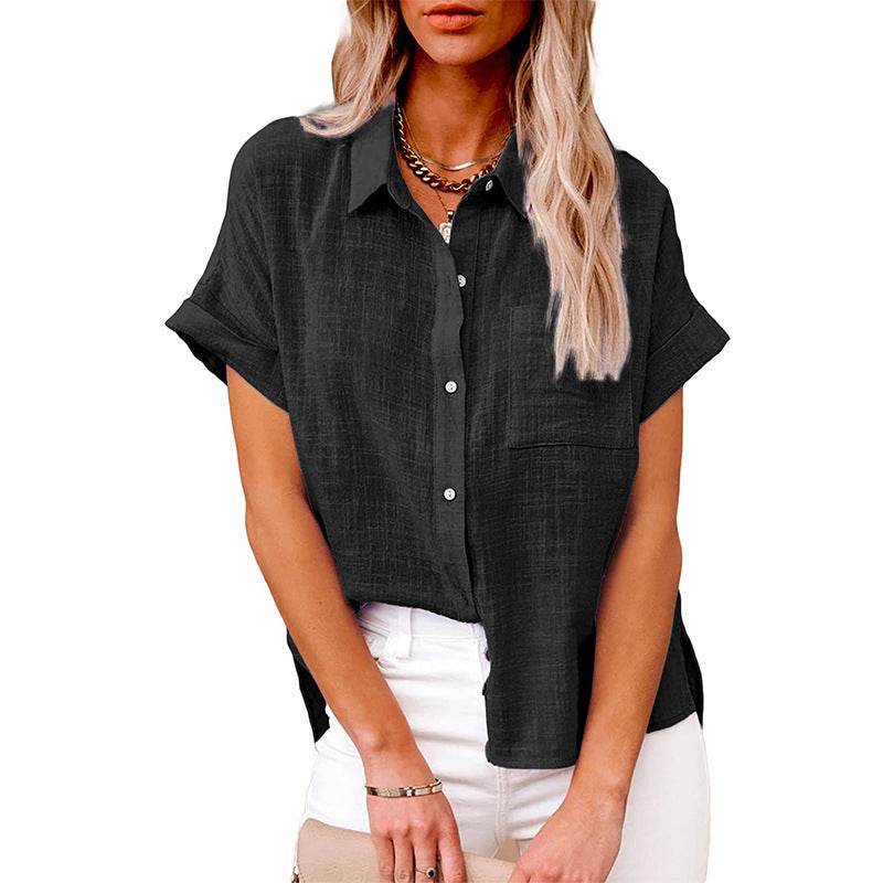 Summer Lapel Short Sleeve Shirt With Pockets Fashion Casual Solid Color Button Tops Women's Clothing - Velora